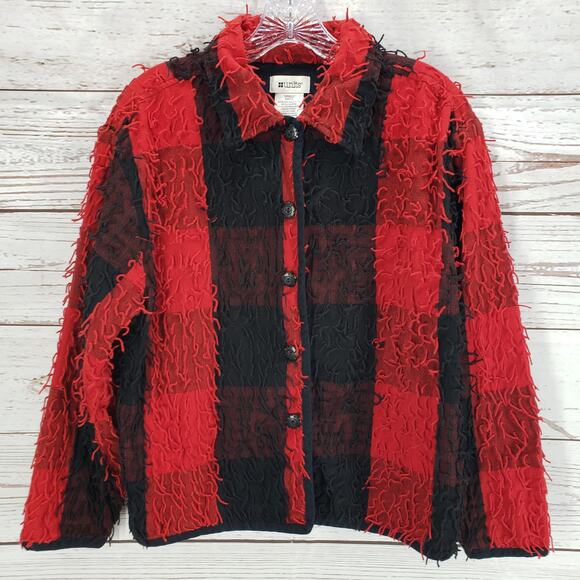 Units Women's Black Red Cotton Eyelash Button Front Jacket Size Small - Picture 1 of 12